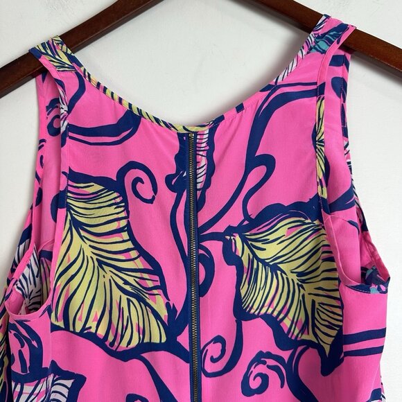 Lilly Pulitzer Women's Tank Top Size L 100% Silk Pink Zip Back Leaf Print - Picture 5 of 8